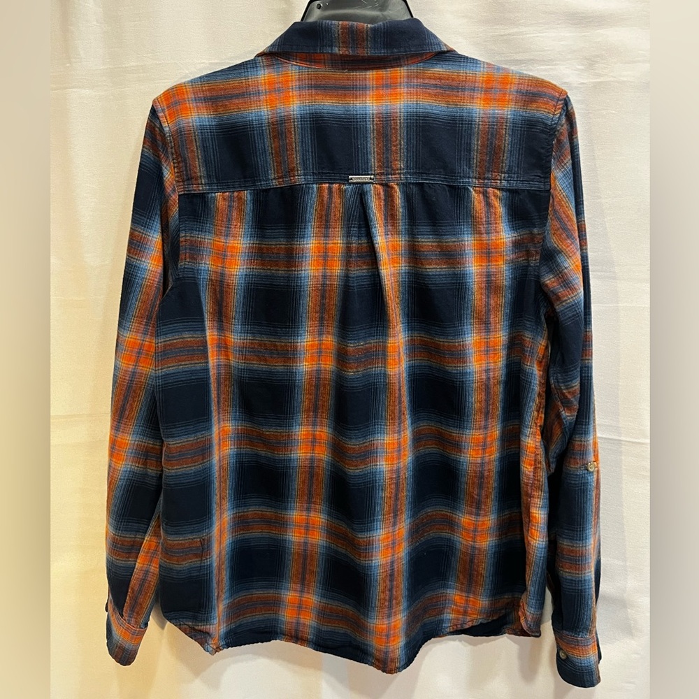 Prana Long Sleeve Button Down Flannel Shirt Navy and Rust Plaid Size M - Picture 2 of 9